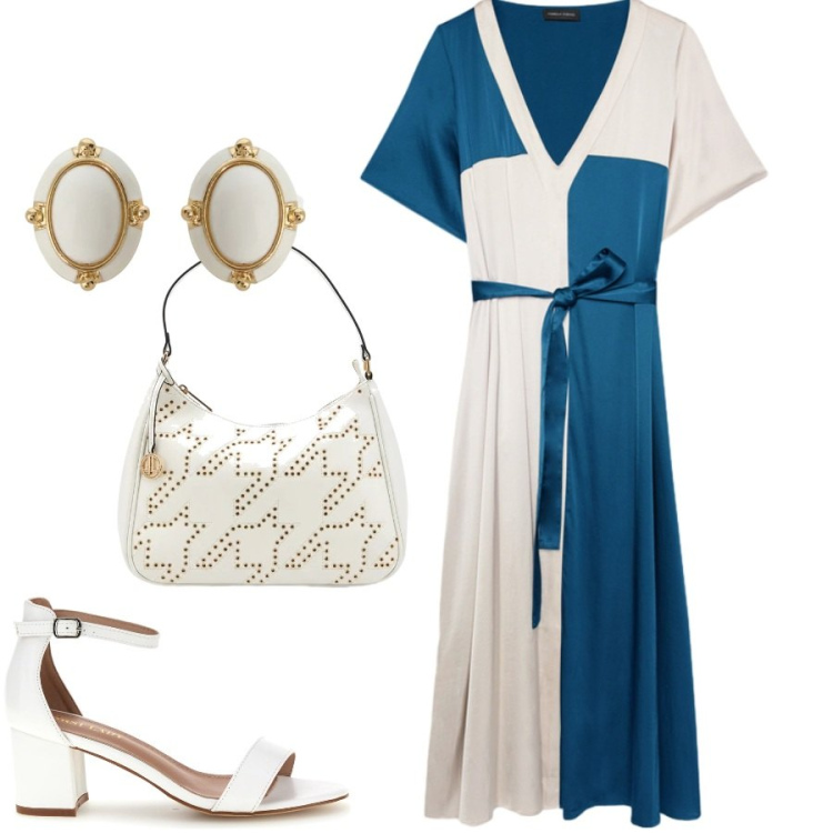 Outfit donna - Agosto. Stile Chic per Cerimonia. Abbinamento con orecchini, vestiti midi/longuette, sandali col tacco, borse a tracolla.