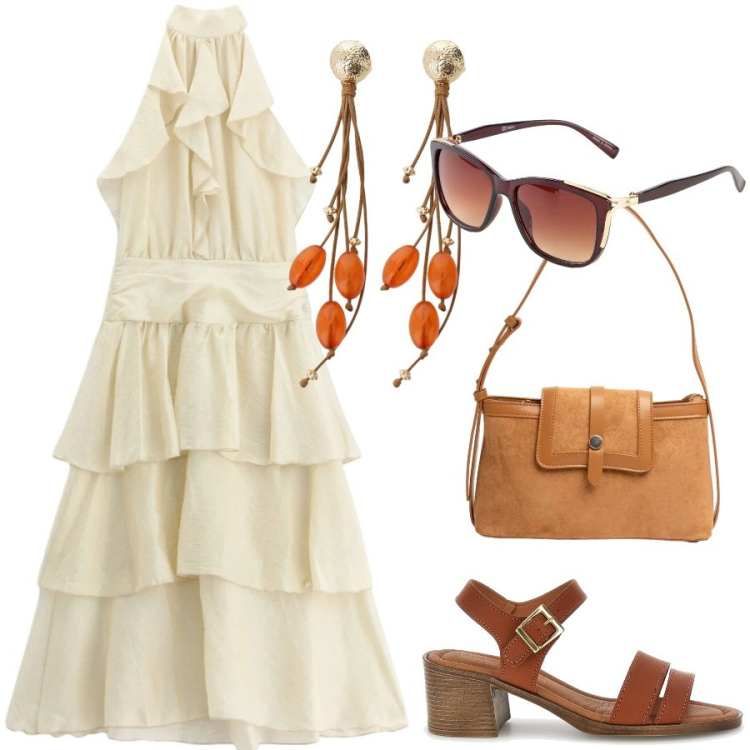 Outfit donna - Happy hour. Stile Chic per Tutti i giorni. Abbinamento con occhiali da sole, vestiti midi/longuette, orecchini, borse a tracolla, sandali col tacco.