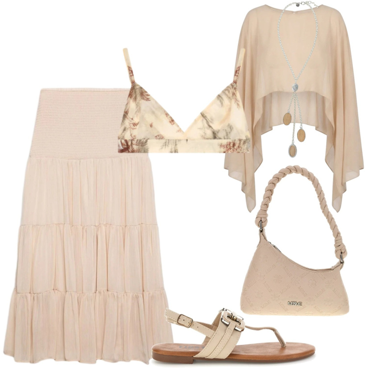 Outfit donna - Passeggiata estiva in centro. Stile Boho per Tutti i giorni. Abbinamento con gonne lunghe, top, collane, blazer, borse a spalla, sandali.