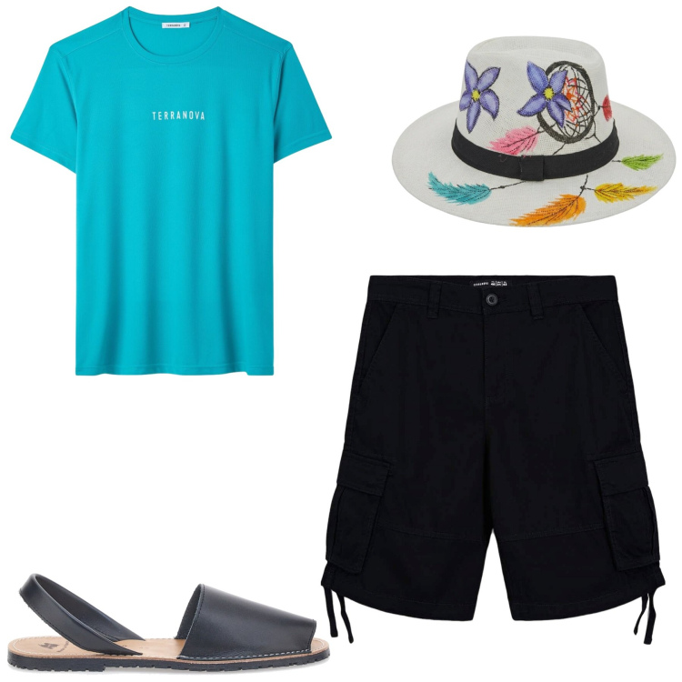 Outfit uomo - Mare. Stile Casual per Mare. Abbinamento con bermuda, t-shirt, sandali, cappelli.