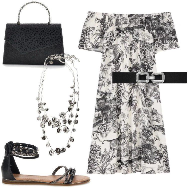 Outfit donna - Jungle da sera. Stile Boho per Serata fuori. Abbinamento con cinture, collane, vestiti corti, sandali, pochette.