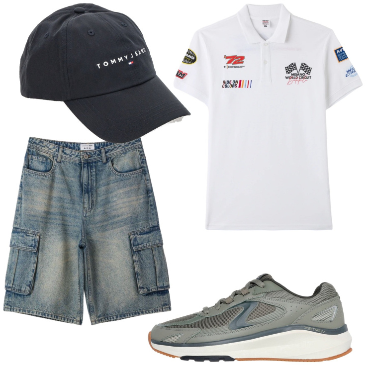 Outfit uomo - Total look #2448630. Stile Urban per Tutti i giorni. Abbinamento con polo, pantaloni corti, cappelli con visiera, sneakers.