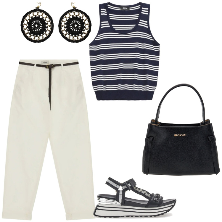 Outfit donna - Chino e top a righe. Stile Casual per Ufficio. Abbinamento con pantaloni, top, orecchini, sandali, borse a tracolla.