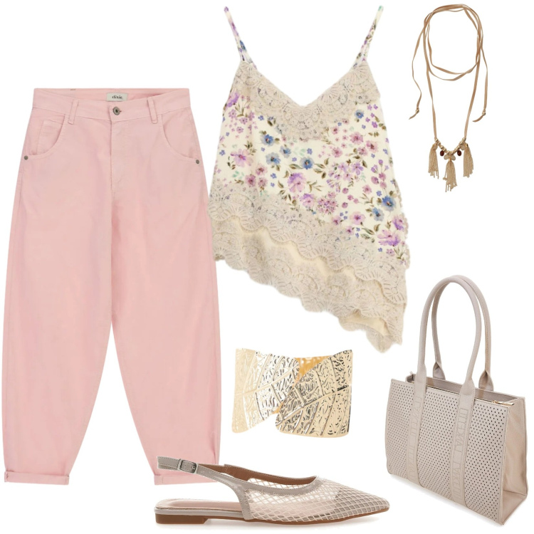 Outfit donna - Pantaloni chino e top asimmetrico. Stile Trendy per Tutti i giorni. Abbinamento con top, collane, braccialetti, pantaloni, borse a spalla, ballerine.