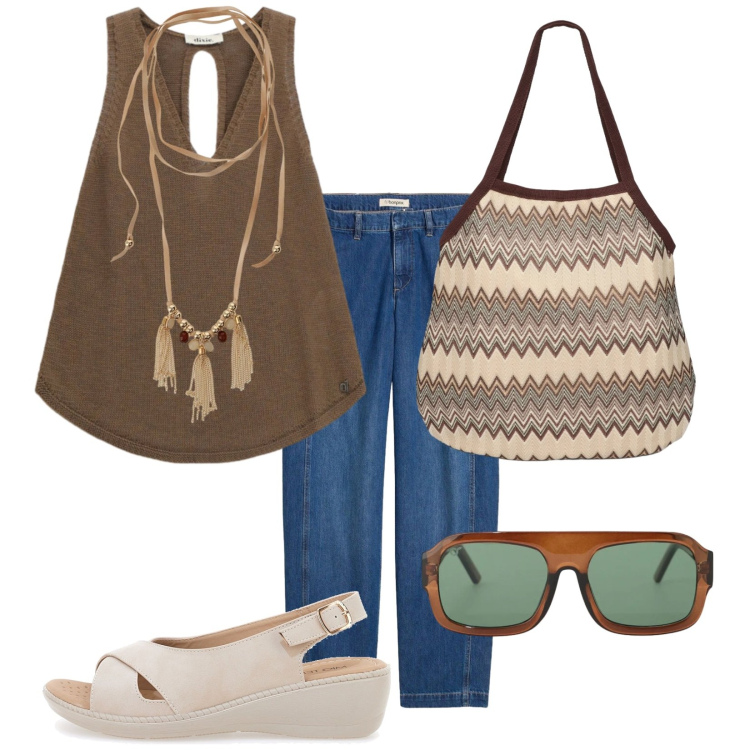 Outfit donna - Total look #2448637. Stile Casual chic per Tutti i giorni. Abbinamento con jeans, borse tote, collane, top, occhiali da sole, sandali.