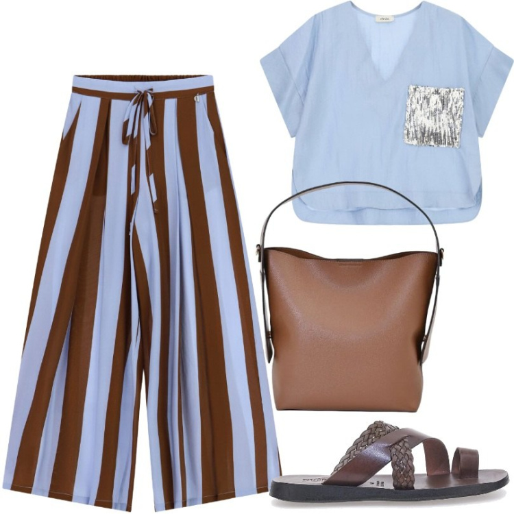 Outfit donna - Passione per il tocco vivace delle righe. Stile Trendy per Tutti i giorni. Abbinamento con bluse, pantaloni a palazzo, borse a mano, ciabatte.