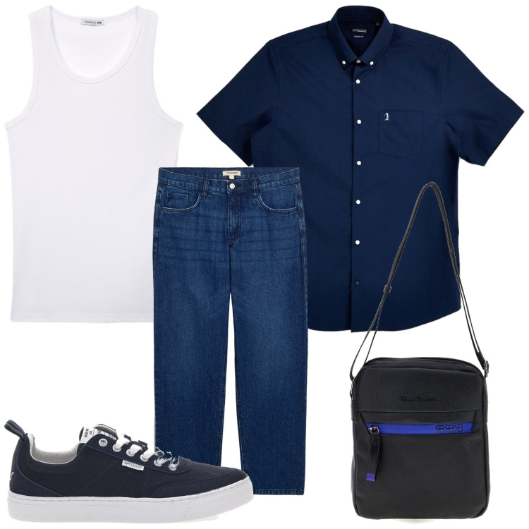 Outfit uomo - Total look #2448641. Stile Casual per Tutti i giorni. Abbinamento con jeans dritti, canottiere, camicie a manica corta, sneakers, borse sportive.