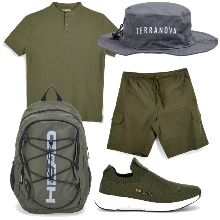 Outfit uomo - Al parco nazionale. Stile Trendy per Tutti i giorni. Abbinamento con cappelli, bermuda, sneakers, zaini, t-shirt.