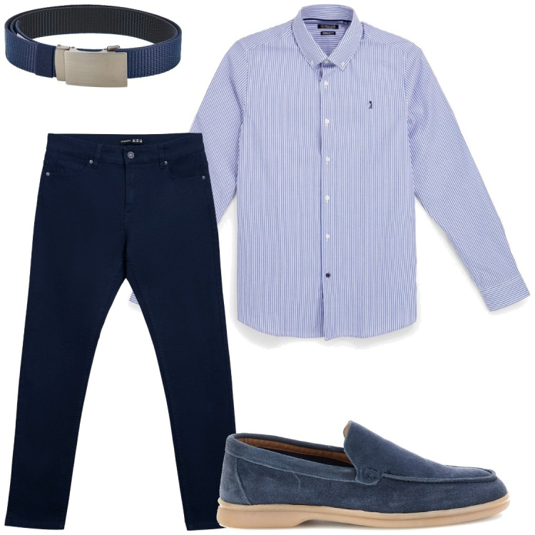 Outfit uomo - Ultimo giorno di lavoro. Stile Business/Elegante per Ufficio. Abbinamento con pantaloni skinny, scarpe stringate, camicie, cinture.