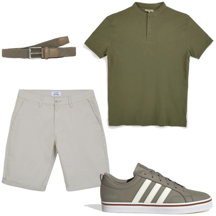 Outfit uomo - Vacanze estive. Stile Trendy per Serata speciale. Abbinamento con bermuda, cinture, sneakers, t-shirt.