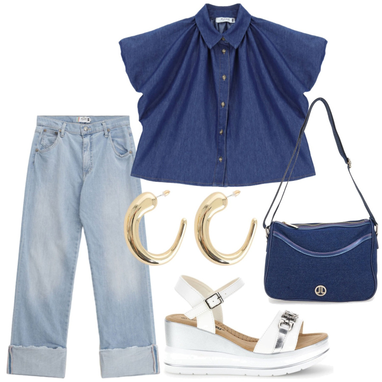 Outfit donna - Total look #2448685. Stile Bon Ton per Ufficio. Abbinamento con camicie a manica corta, jeans dritti, orecchini, borse a tracolla, zeppe.