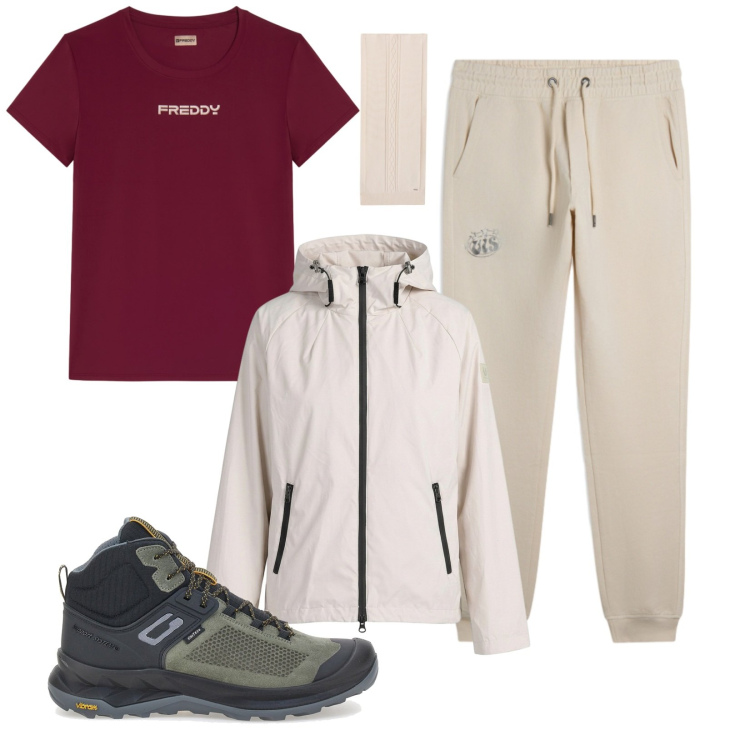 Outfit donna - Toni leggeri in alta quota. Stile Sporty chic per Sport. Abbinamento con t-shirt sportive, pantaloni sportivi, sciarpe, blazer, scarpe sportive.
