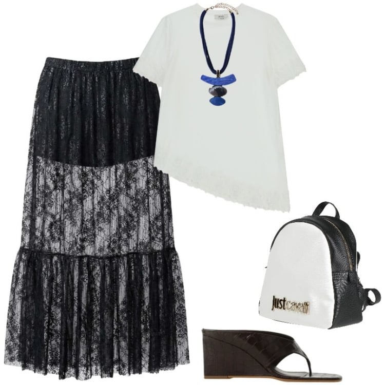 Outfit donna - Gonna dall\'effetto romantico e leggero. Stile Urban per Tutti i giorni. Abbinamento con zaini, gonne longuette, sandali col tacco, t-shirt, ciondoli.