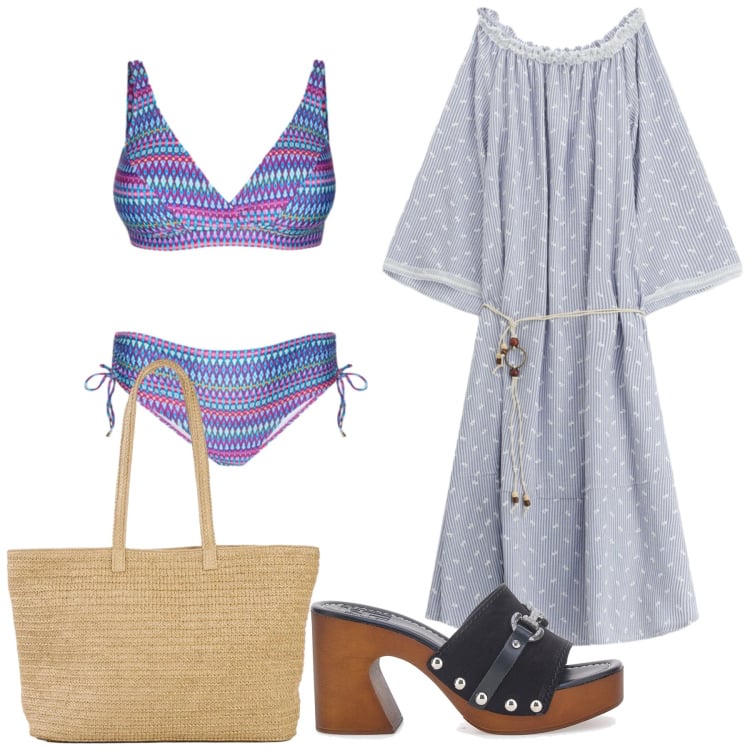 Outfit donna - Total look #2448691. Stile Minimal per Mare. Abbinamento con shopping bag, vestiti asimmetrici, bikini, zoccoli.