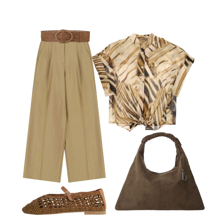 Outfit donna - Estate minimal. Stile Chic per Tutti i giorni. Abbinamento con cinture, ballerine, borse a spalla, pantaloni a palazzo, camicie a manica corta.