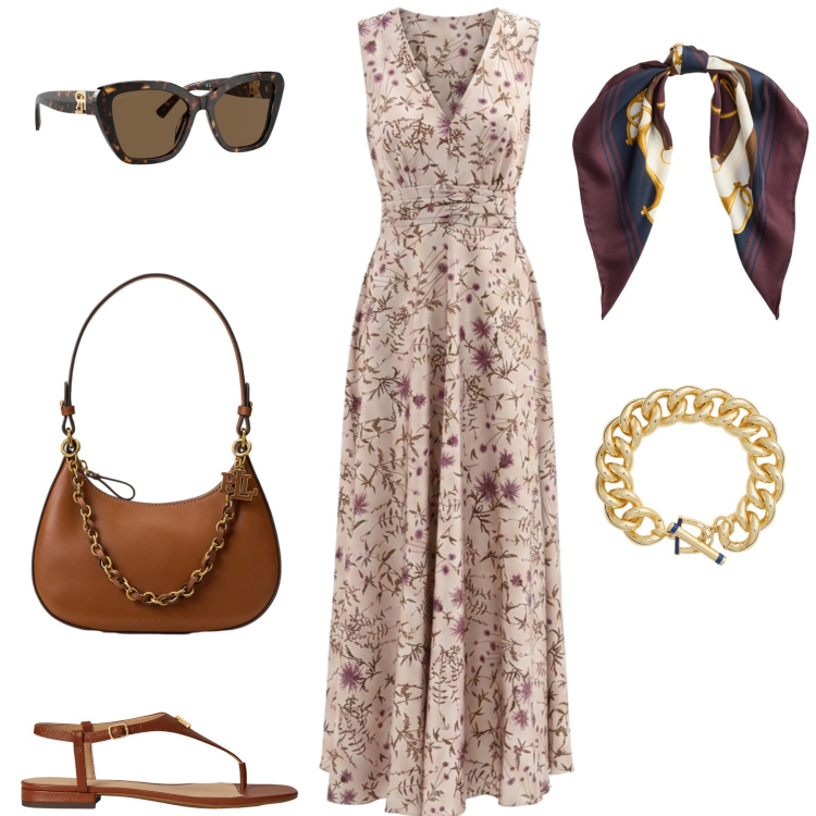 Outfit donna - Agosto. Stile Chic per Tutti i giorni. Abbinamento con vestiti lunghi, occhiali da sole, sandali in pelle, borse a spalla, braccialetti, foulard.