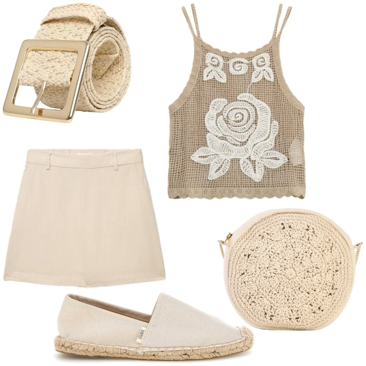 Outfit donna - Corda e beige. Stile Chic per Tutti i giorni. Abbinamento con borse a tracolla, cinture, shorts, top, espadrillas.