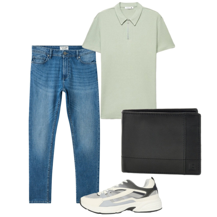 Outfit uomo - Agosto. Stile Casual per Tutti i giorni. Abbinamento con jeans skinny, sneakers, polo, portafogli.