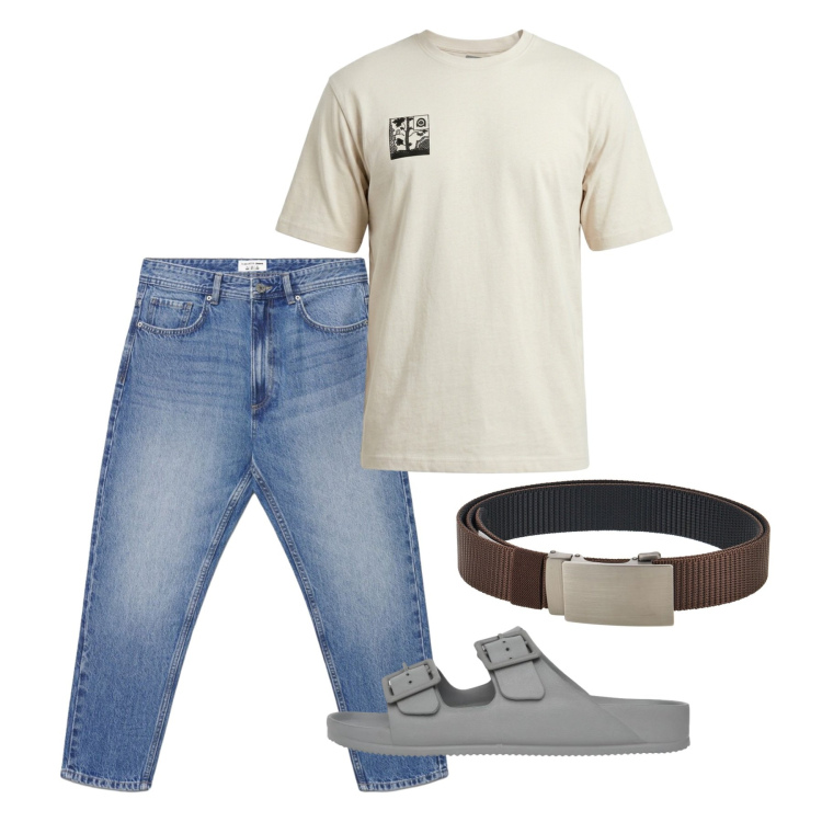 Outfit uomo - Agosto. Stile Casual per Tutti i giorni. Abbinamento con jeans, sandali, cinture, t-shirt.