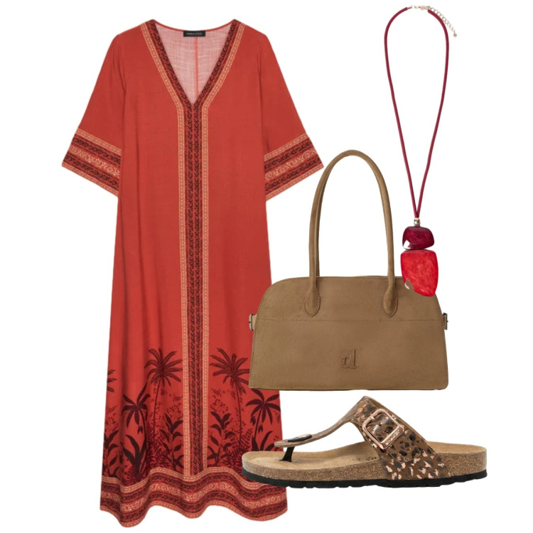 Outfit donna - Caftani e kimono leggeri - Focus Donna C. Stile Bon Ton per Tutti i giorni. Abbinamento con infradito, borse a spalla, caftani, ciondoli.