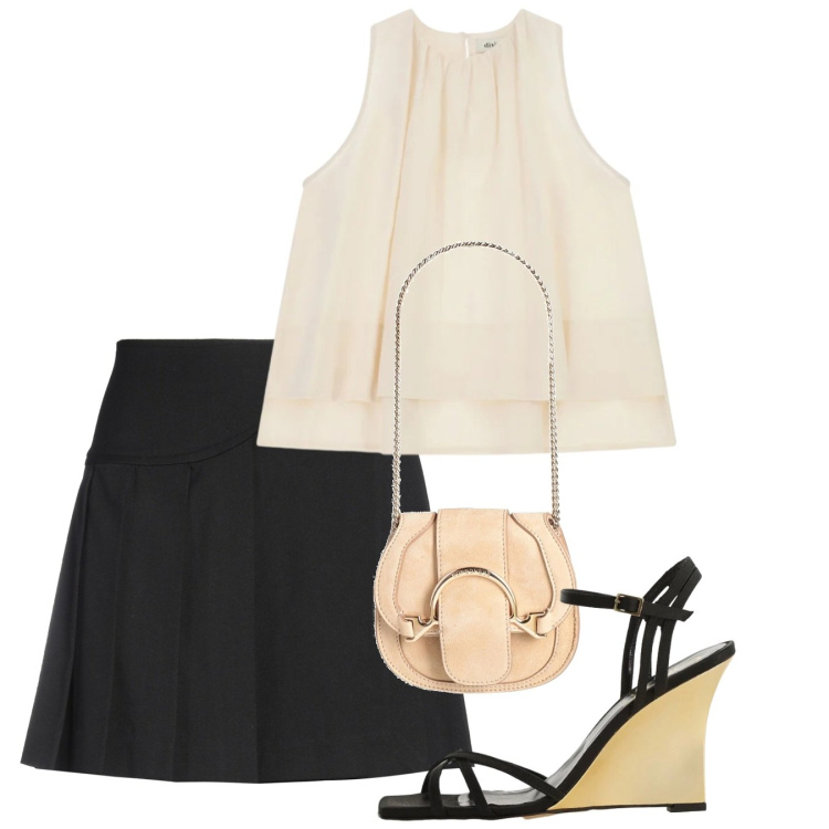 Outfit donna - Distinta. Stile Chic per Serata fuori. Abbinamento con marsupi, minigonne, top, sandali col tacco.