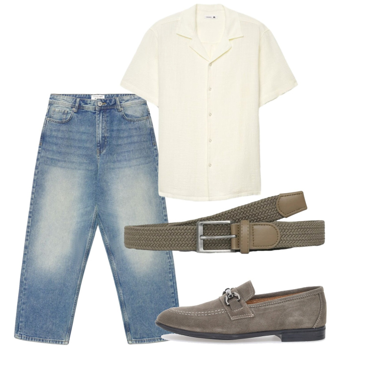 Outfit uomo - Agosto. Stile Casual per Tutti i giorni. Abbinamento con cinture, jeans dritti, camicie a manica corta, scarpe stringate.