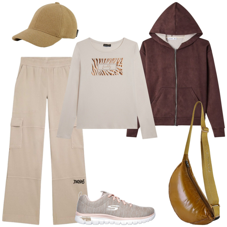 Outfit donna - Total look #2448725. Stile Sporty chic per Sport. Abbinamento con felpe con cappuccio, pantaloni cargo, t-shirt, borse a tracolla, cappelli con visiera, scarpe sportive.