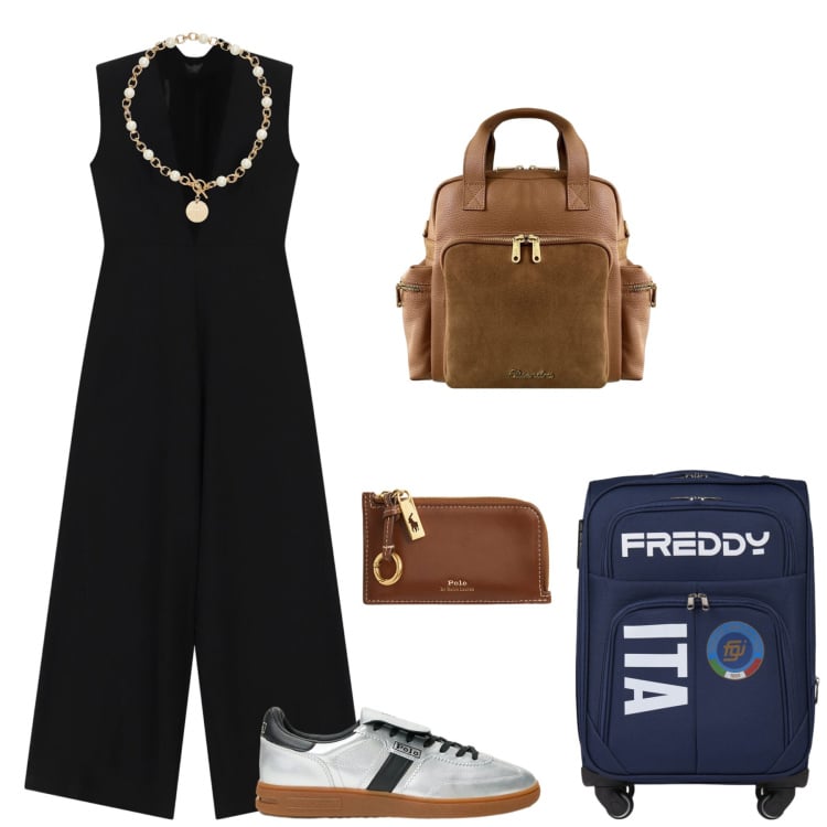 Outfit donna - Comoda in viaggio. Stile Sporty chic per Tutti i giorni. Abbinamento con tute, valigie, collane, portafogli, sneakers, zaini.