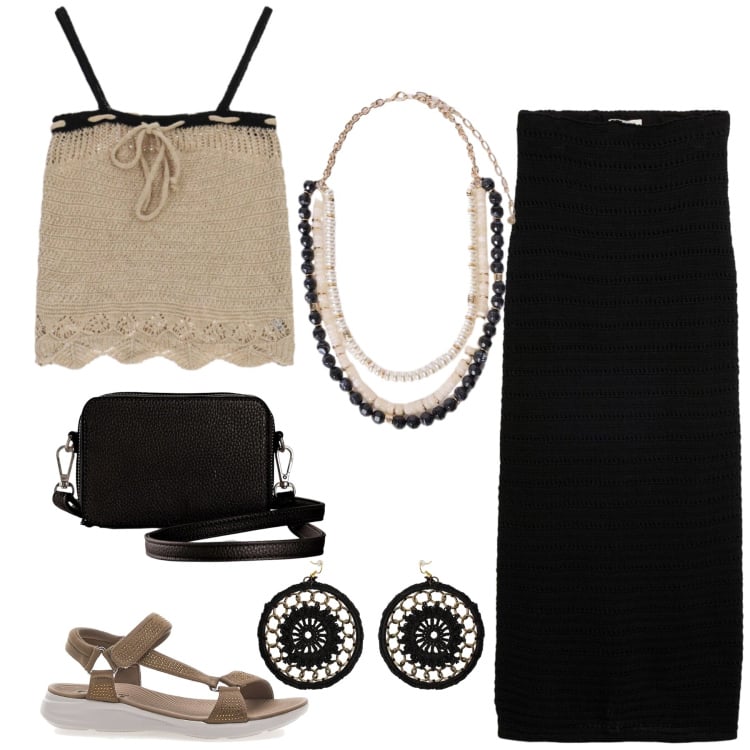 Outfit donna - Tricot. Stile Etnico per Tutti i giorni. Abbinamento con gonne lunghe, borse a tracolla, maglieria, orecchini, collane, sandali.