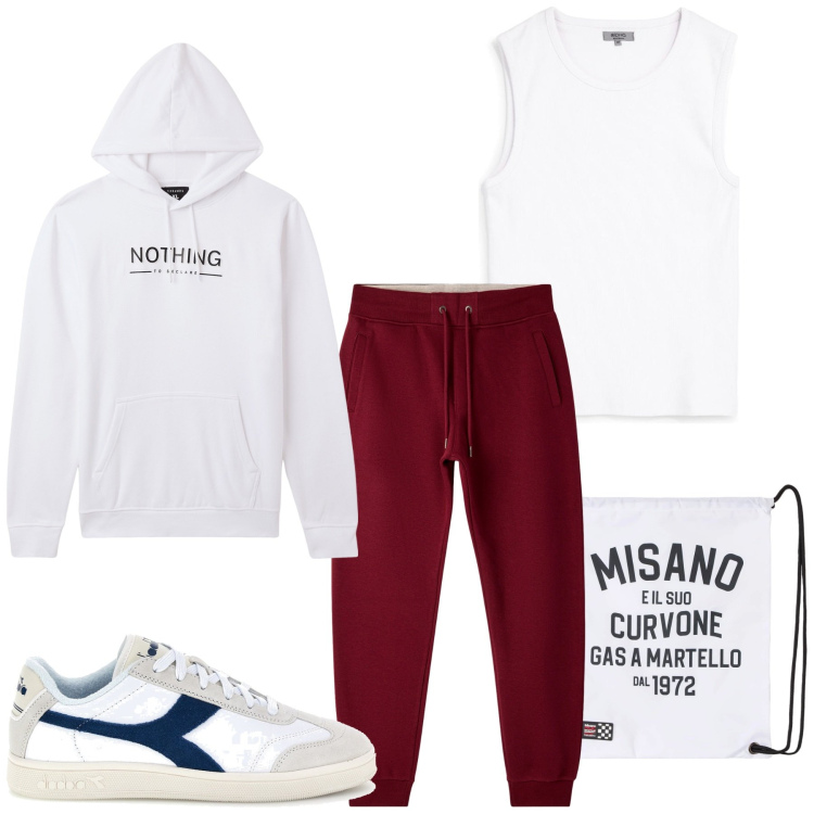 Outfit uomo - Total look #2448731. Stile Casual per Sport. Abbinamento con borse sportive, pantaloni, felpe con cappuccio, sneakers, canottiere.