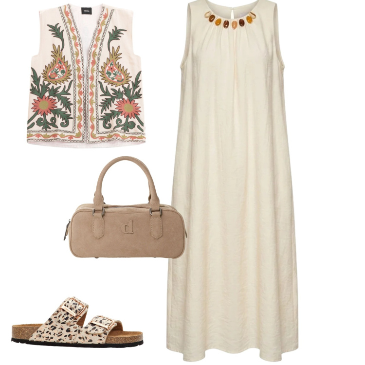 Outfit donna - Boho chic in vacanza. Stile Boho per Tutti i giorni. Abbinamento con ciabatte, borse a mano, gilet, vestiti midi/longuette.