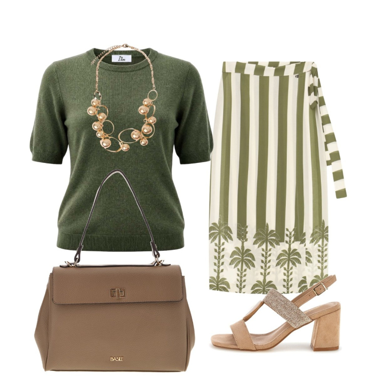 Outfit donna - Pomeriggio in città. Stile Chic per Tutti i giorni. Abbinamento con maglieria, gonne lunghe, collane, sandali col tacco, borse a tracolla.