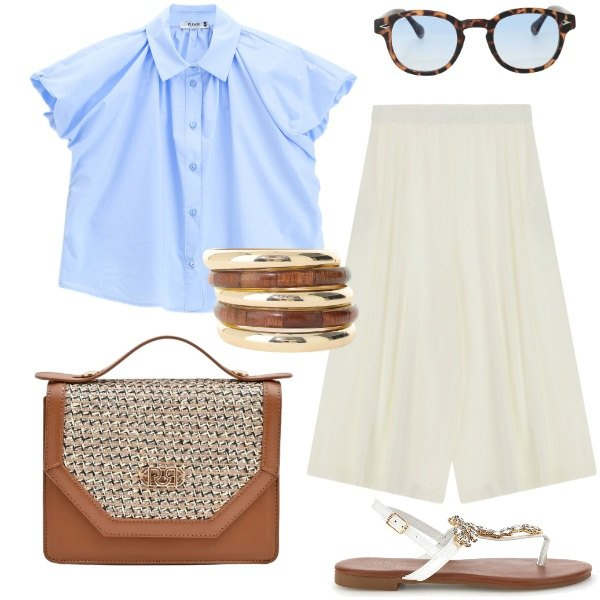 Outfit donna - Soffio di Mare ad Agosto. Stile Casual chic per Tutti i giorni. Abbinamento con pantaloni a palazzo, camicie a manica corta, occhiali da sole, braccialetti, pochette, sandali gioiello.