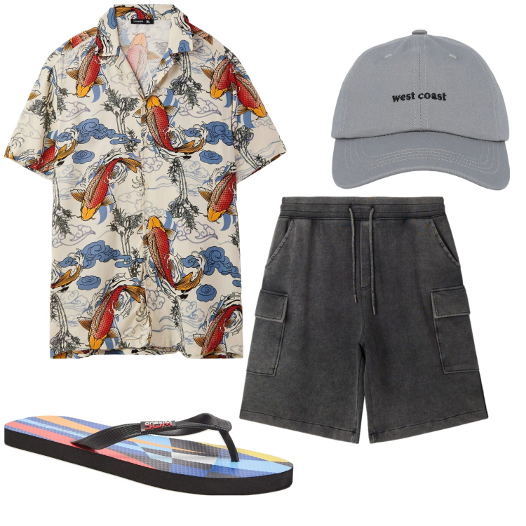 Outfit uomo - Total look #2448746. Stile Trendy per Mare. Abbinamento con sandali, camicie a manica corta, bermuda, cappelli con visiera.