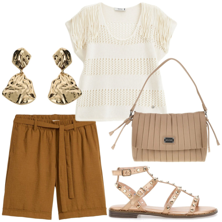 Outfit donna - Total look #2448753. Stile Etnico per Tutti i giorni. Abbinamento con bermuda, top, orecchini, pochette, sandali.