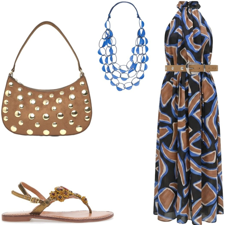 Outfit donna - Maxi dress. Stile Casual chic per Serata fuori. Abbinamento con borse a tracolla, cinture, vestiti lunghi, collane, sandali gioiello.