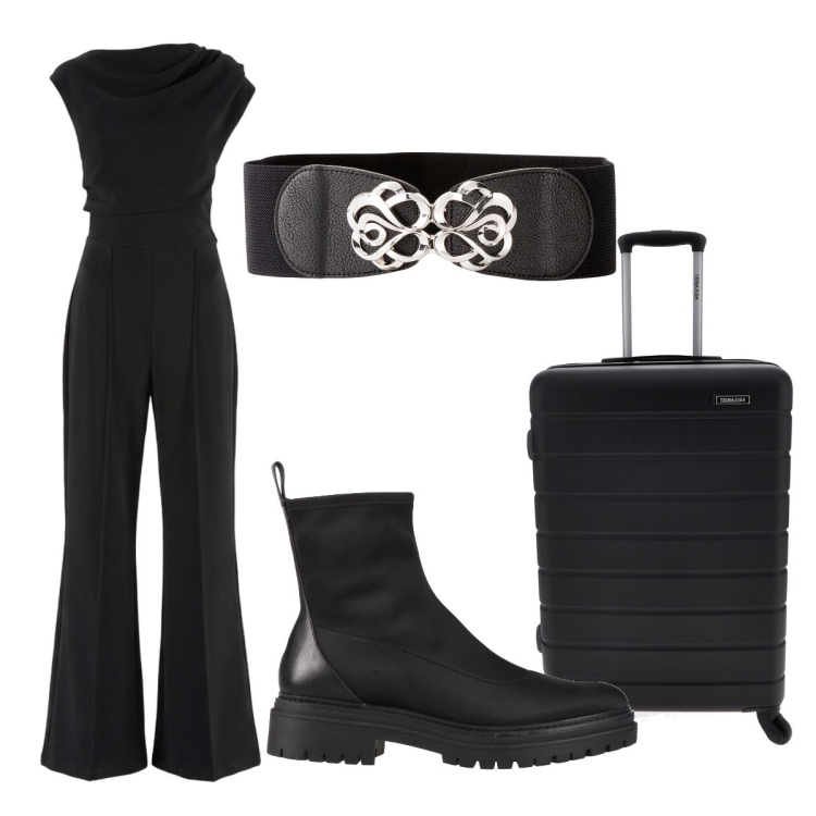 Outfit donna - Partenza total black. Stile Minimal per Tutti i giorni. Abbinamento con stivaletti, cinture, tute, valigie.