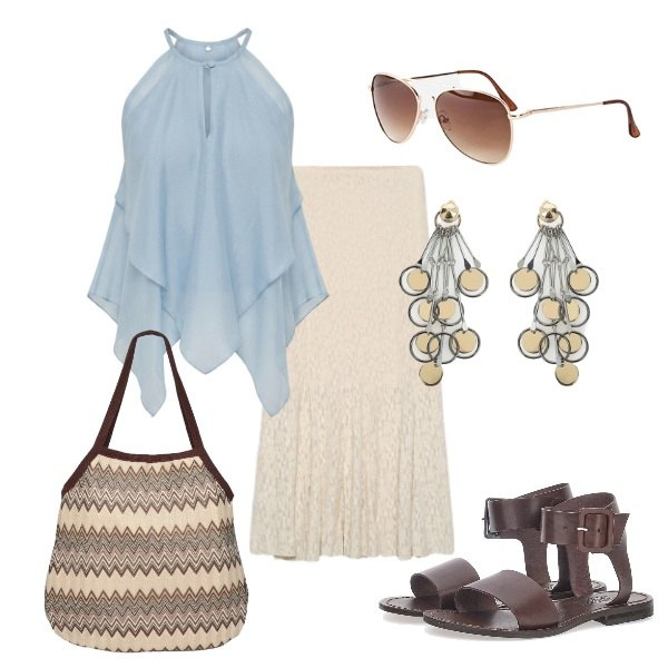 Outfit donna - Azzurro Mare e Dettagli Naturali. Stile Casual chic per Tutti i giorni. Abbinamento con occhiali da sole, gonne lunghe, borse tote, orecchini, canottiere, sandali.