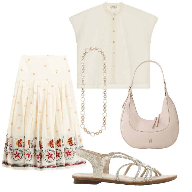 Outfit donna - Total look #2448764. Stile Romantica per Ufficio. Abbinamento con sandali, cinture, borse a tracolla, gonne lunghe, camicie a manica corta.