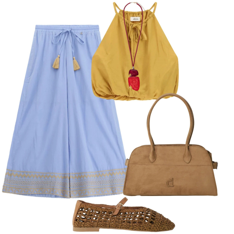 Outfit donna - Total look #2448772. Stile Glamour per Tutti i giorni. Abbinamento con pantaloni a palazzo, top, borse a spalla, ballerine, ciondoli.
