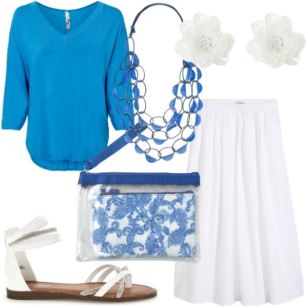Outfit donna - Agosto: azzurro mare. Stile Glamour per Tutti i giorni. Abbinamento con maglieria, gonne longuette, pochette, orecchini, collane, sandali.