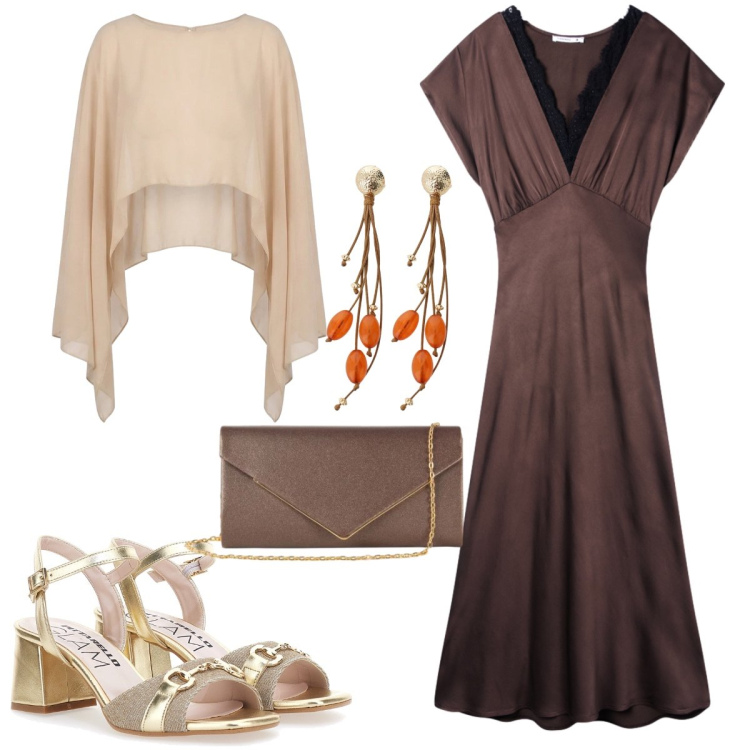 Outfit donna - Serata fuori. Stile Chic per Serata fuori. Abbinamento con vestiti lunghi, orecchini, clutch, blazer, sandali col tacco.