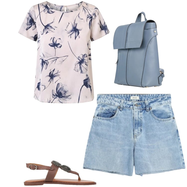 Outfit donna - Stagione calda. Stile Basic per Tutti i giorni. Abbinamento con infradito, zaini, shorts, t-shirt.
