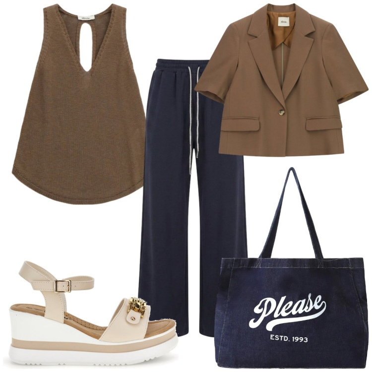 Outfit donna - Total look #2448787. Stile Trendy per Tutti i giorni. Abbinamento con shopping bag, top, blazer, pantaloni a palazzo, zeppe.