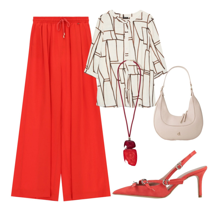 Outfit donna - Rosso vivace. Stile Chic per Serata fuori. Abbinamento con décolleté, borse a tracolla, pantaloni a palazzo, bluse, ciondoli.