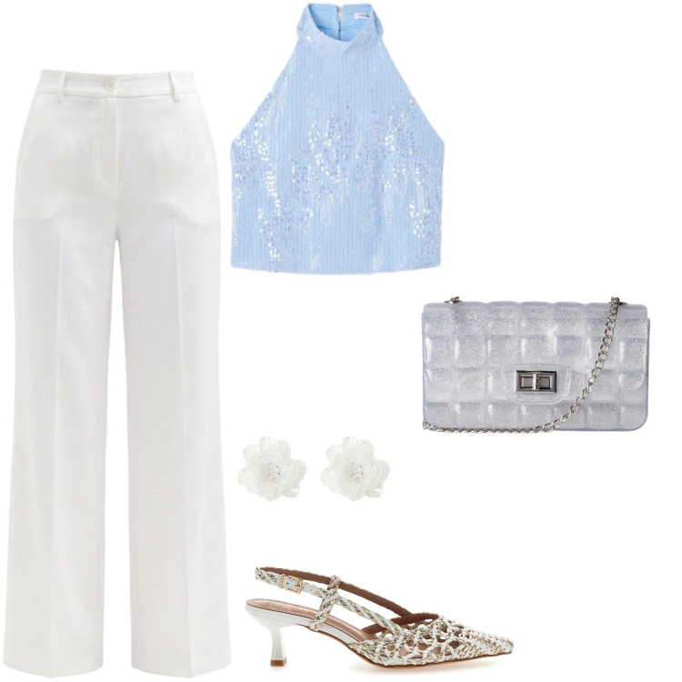 Outfit donna - Total look #2448793. Stile Romantica per Serata fuori. Abbinamento con borse a tracolla, top, orecchini, pantaloni, décolleté.