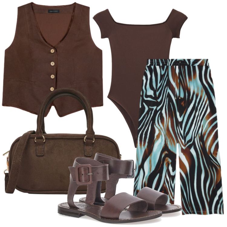 Outfit donna - Total look #2448794. Stile Etnico per Ufficio. Abbinamento con top, borse a tracolla, gilet, pantaloni a palazzo, sandali.