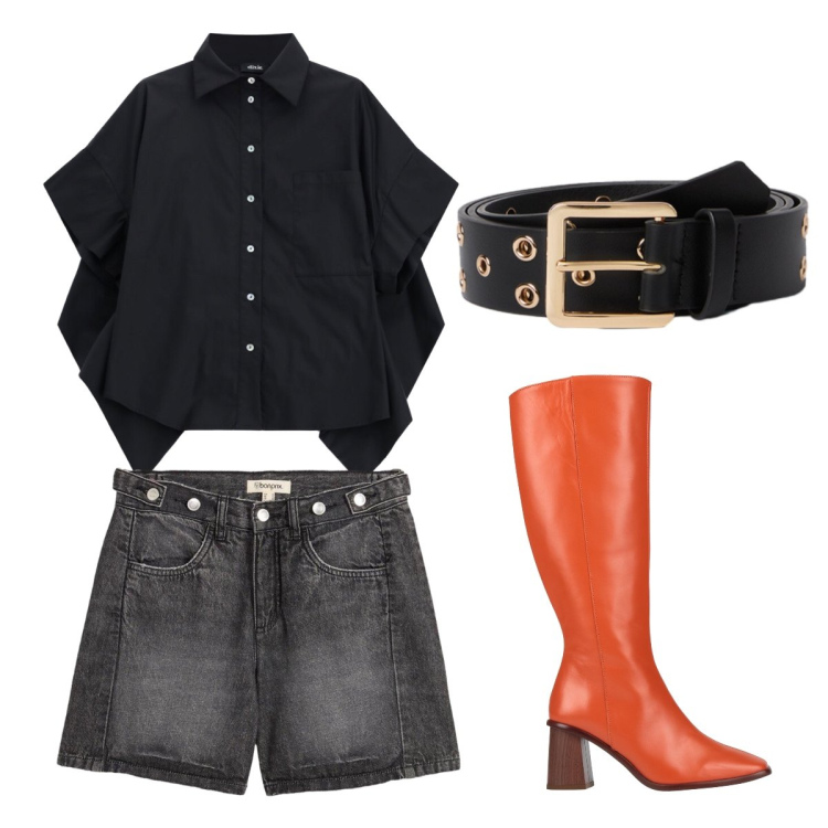Outfit donna - August in black. Stile Minimal per Serata fuori. Abbinamento con stivali, shorts, camicie a manica corta, cinture.