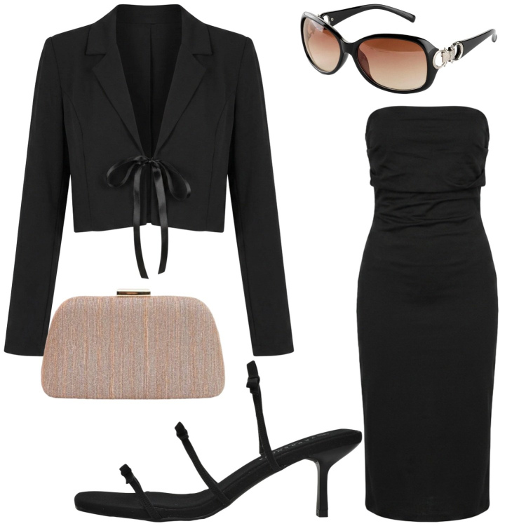Outfit donna - Black dress. Stile Chic per Serata fuori. Abbinamento con occhiali da sole, sandali col tacco, pochette, vestiti midi/longuette, bolero.
