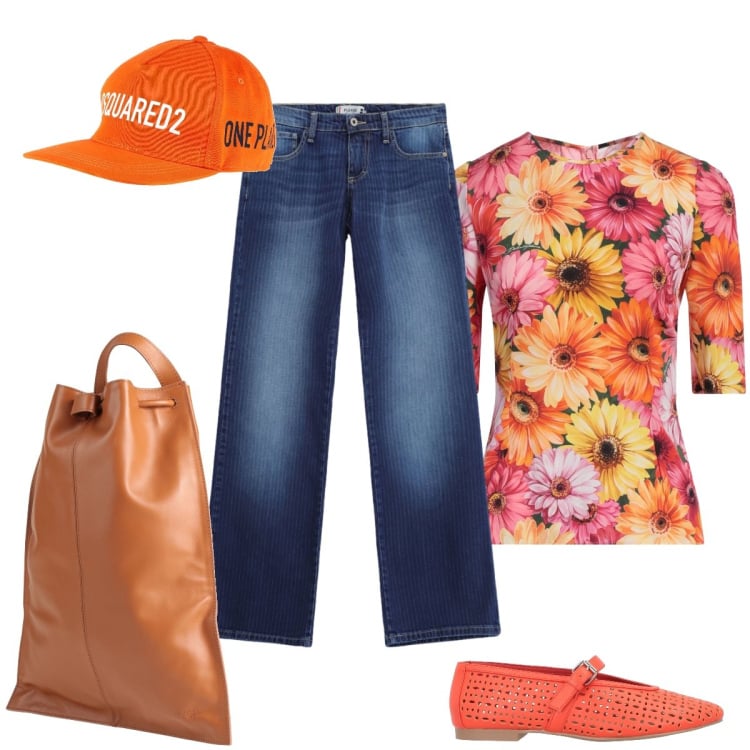 Outfit donna - Fiori d’estate. Stile Glamour per Tutti i giorni. Abbinamento con cappelli, ballerine, top, zaini, jeans dritti.